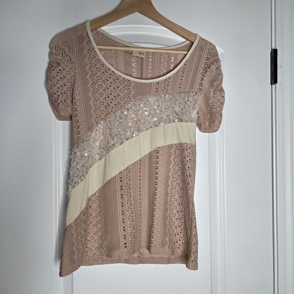 Daytrip Womens Short Sleeve Sheer And Sequins Short Sleeve Shirt